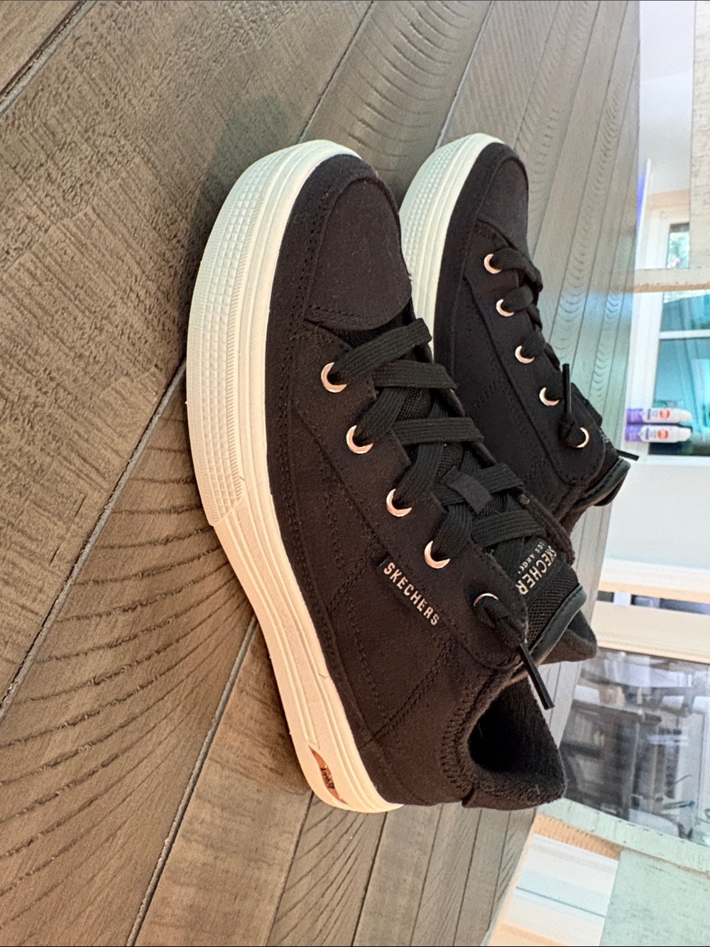 Skechers Black Canvas Lace-Up Sneakers with White Sole